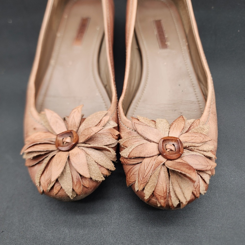 Ecco Size 37 Tan Leather Flower Ballet Flats Boho Cottagecore Comfort Slip On